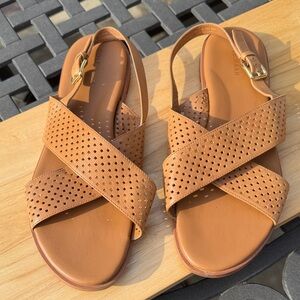 Cole Haan Tan Perforated Cross-Strap Sandals